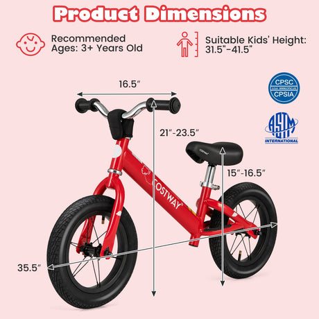 Bicicleta de equilibrio para niños pequeños de 12 pulgadas con manillar y asiento regulables en altura