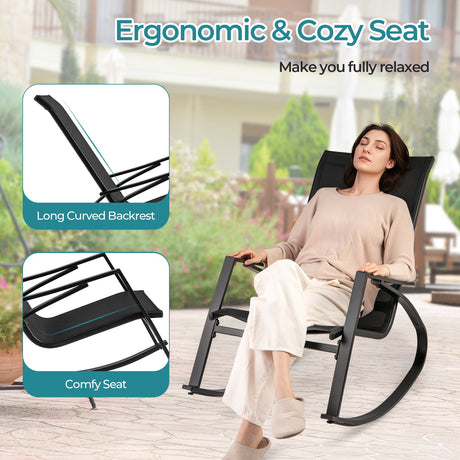 2 sillas mecedoras de patio con tela de cabestrillo para exteriores con respaldo y asiento ergonómicos - Negro