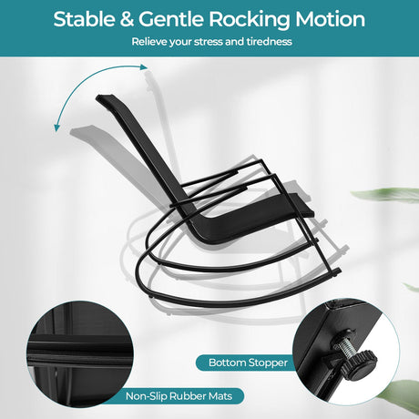 2 sillas mecedoras de patio con tela de cabestrillo para exteriores con respaldo y asiento ergonómicos - Negro