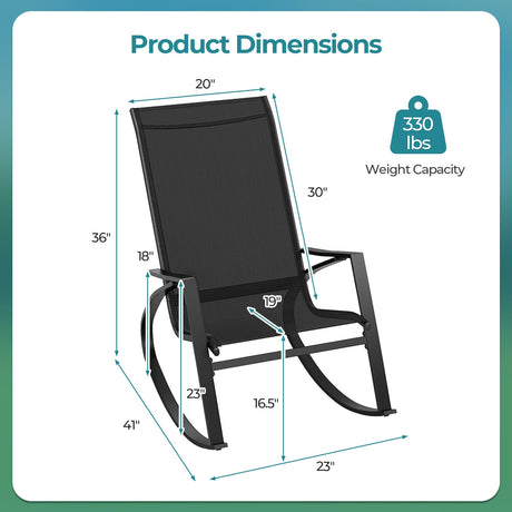 2 sillas mecedoras de patio con tela de cabestrillo para exteriores con respaldo y asiento ergonómicos - Negro