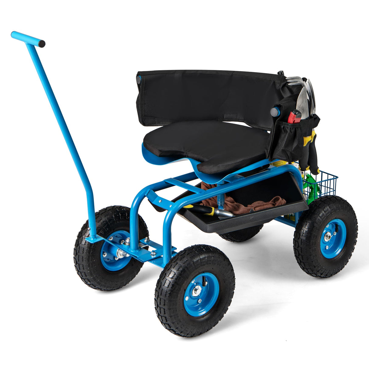 Carro de jardín rodante con asiento giratorio de altura ajustable y cesta de almacenamiento
