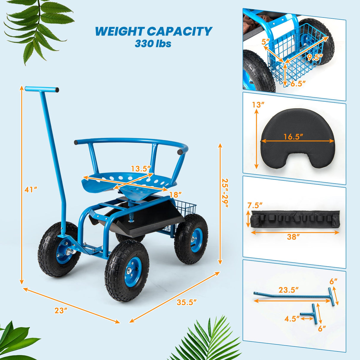 Carro de jardín rodante con asiento giratorio de altura ajustable y cesta de almacenamiento