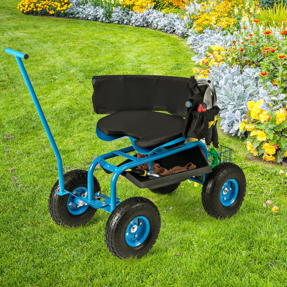 Carro de jardín rodante con asiento giratorio de altura ajustable y cesta de almacenamiento