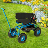 Carro de jardín rodante con asiento giratorio de altura ajustable y cesta de almacenamiento