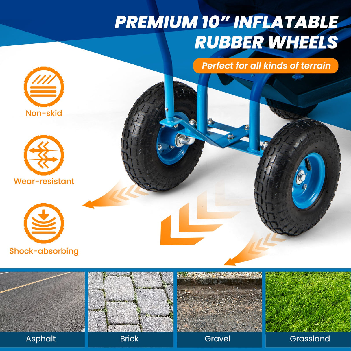Carro de jardín rodante con asiento giratorio de altura ajustable y cesta de almacenamiento