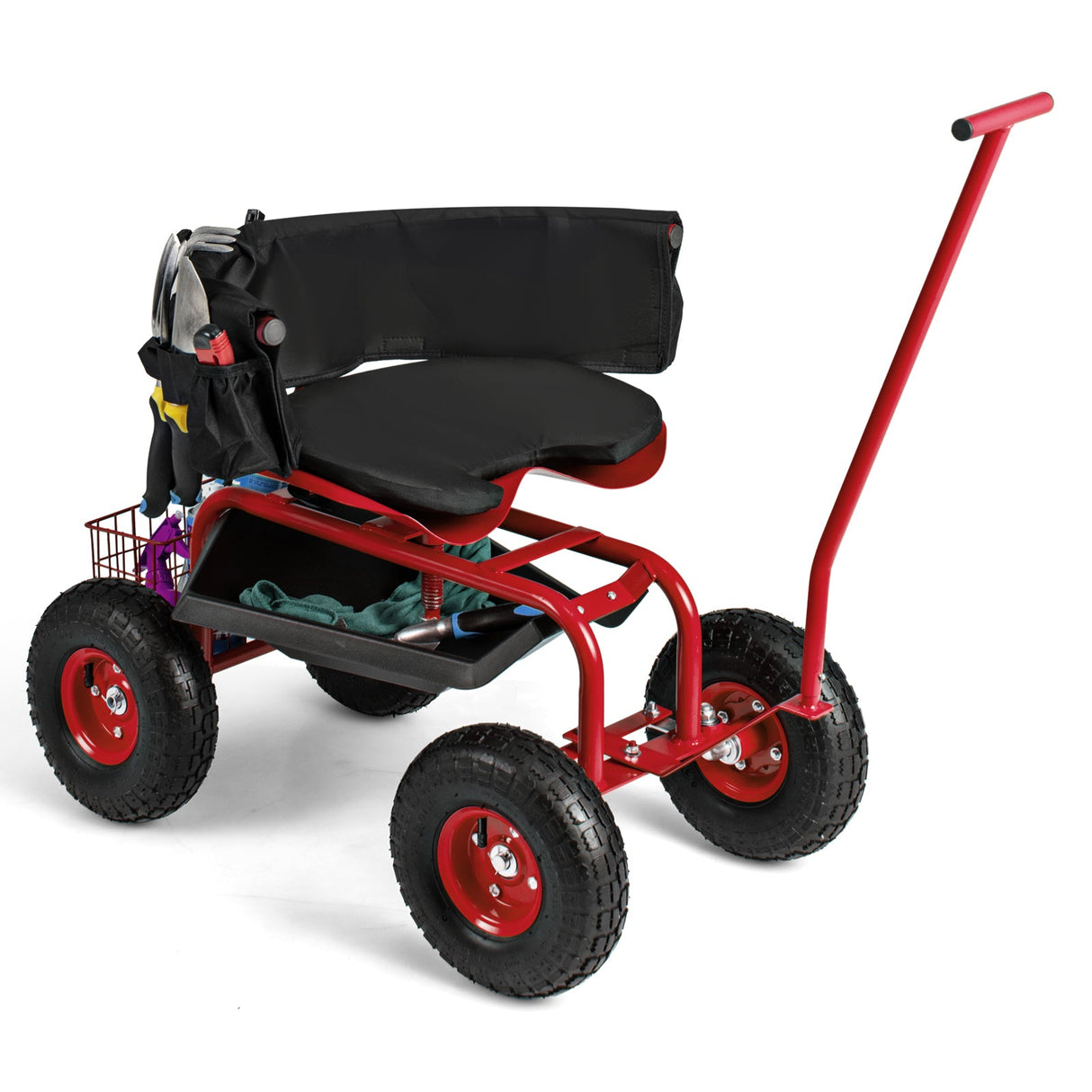 Carro de jardín rodante con asiento giratorio de altura ajustable y cesta de almacenamiento