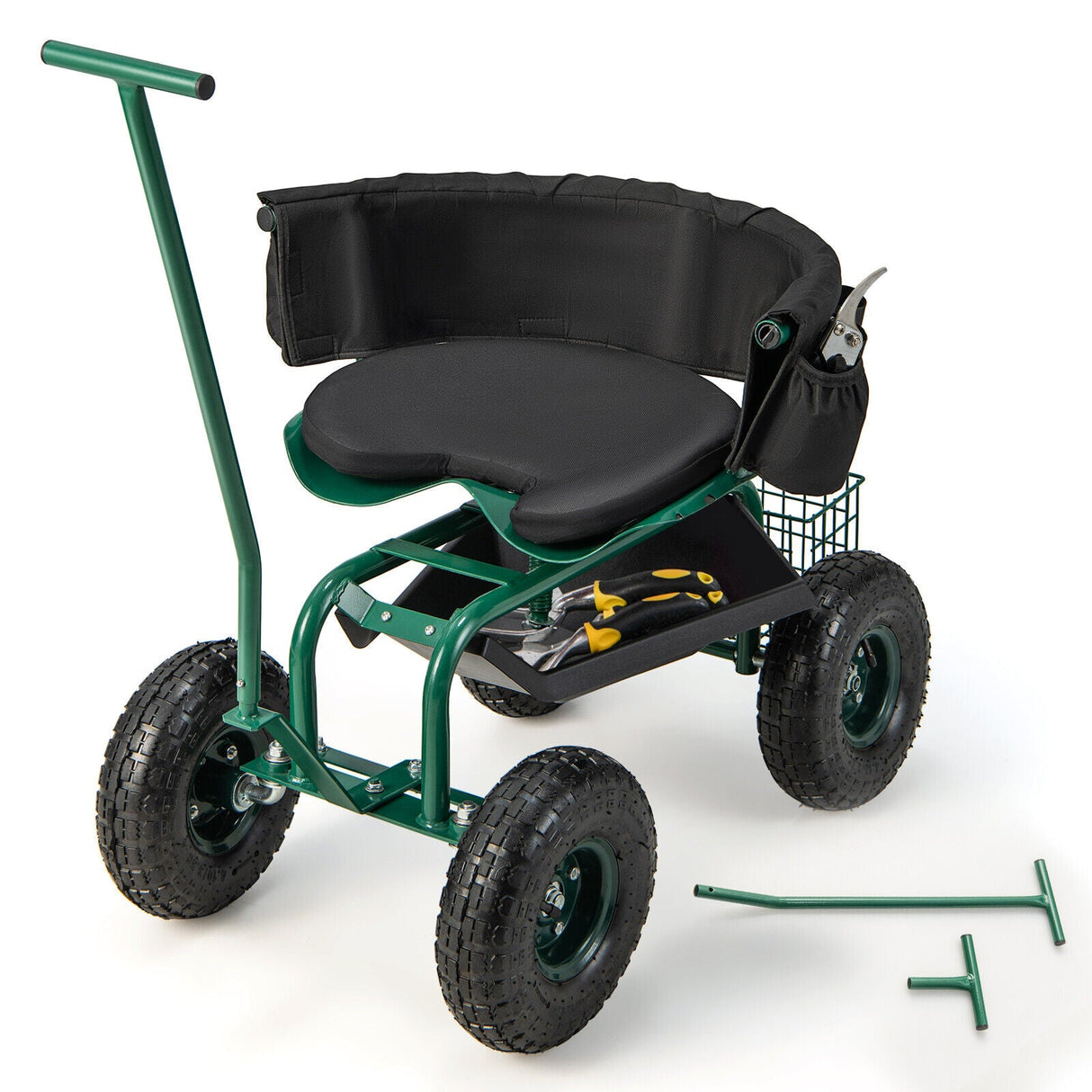 Carro de jardín rodante con asiento giratorio de altura ajustable y cesta de almacenamiento