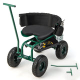 Carro de jardín rodante con asiento giratorio de altura ajustable y cesta de almacenamiento