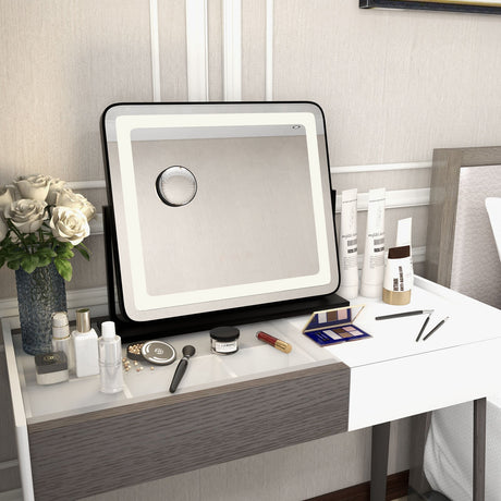 Espejo de tocador de maquillaje giratorio 360° con 3 modos de iluminación de color y control táctil - Negro