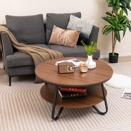 Mesa de centro redonda de 33.5 pulgadas con acabado de grano de madera y marco de metal resistente - Nogal