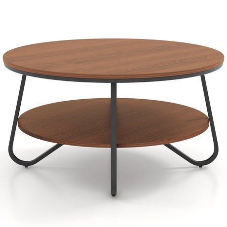 Mesa de centro redonda de 33.5 pulgadas con acabado de grano de madera y marco de metal resistente - Nogal