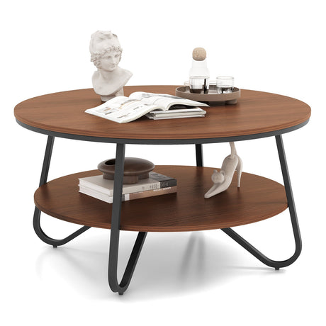 Mesa de centro redonda de 33.5 pulgadas con acabado de grano de madera y marco de metal resistente - Nogal