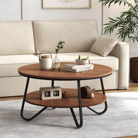 Mesa de centro redonda de 33.5 pulgadas con acabado de grano de madera y marco de metal resistente - Nogal
