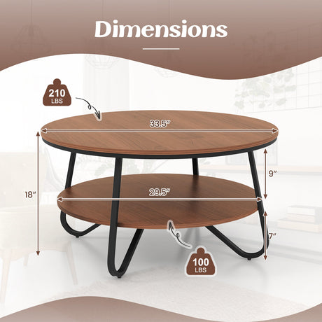 Mesa de centro redonda de 33.5 pulgadas con acabado de grano de madera y marco de metal resistente - Nogal