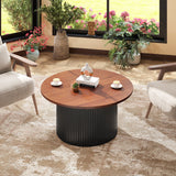Mesa de centro redonda con estructura de madera maciza y tapa de madera-Nogal
