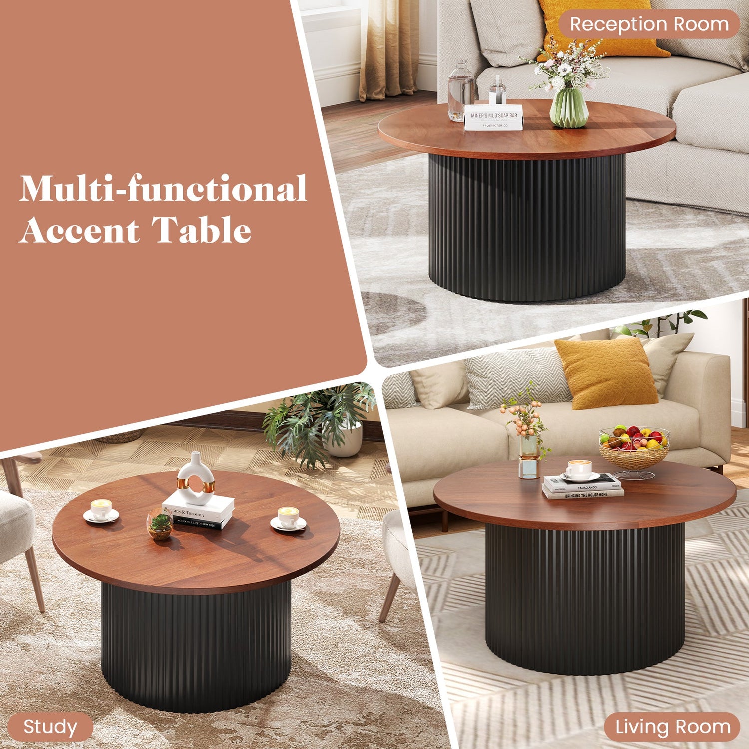 Mesa de centro redonda con estructura de madera maciza y tapa de madera-Nogal