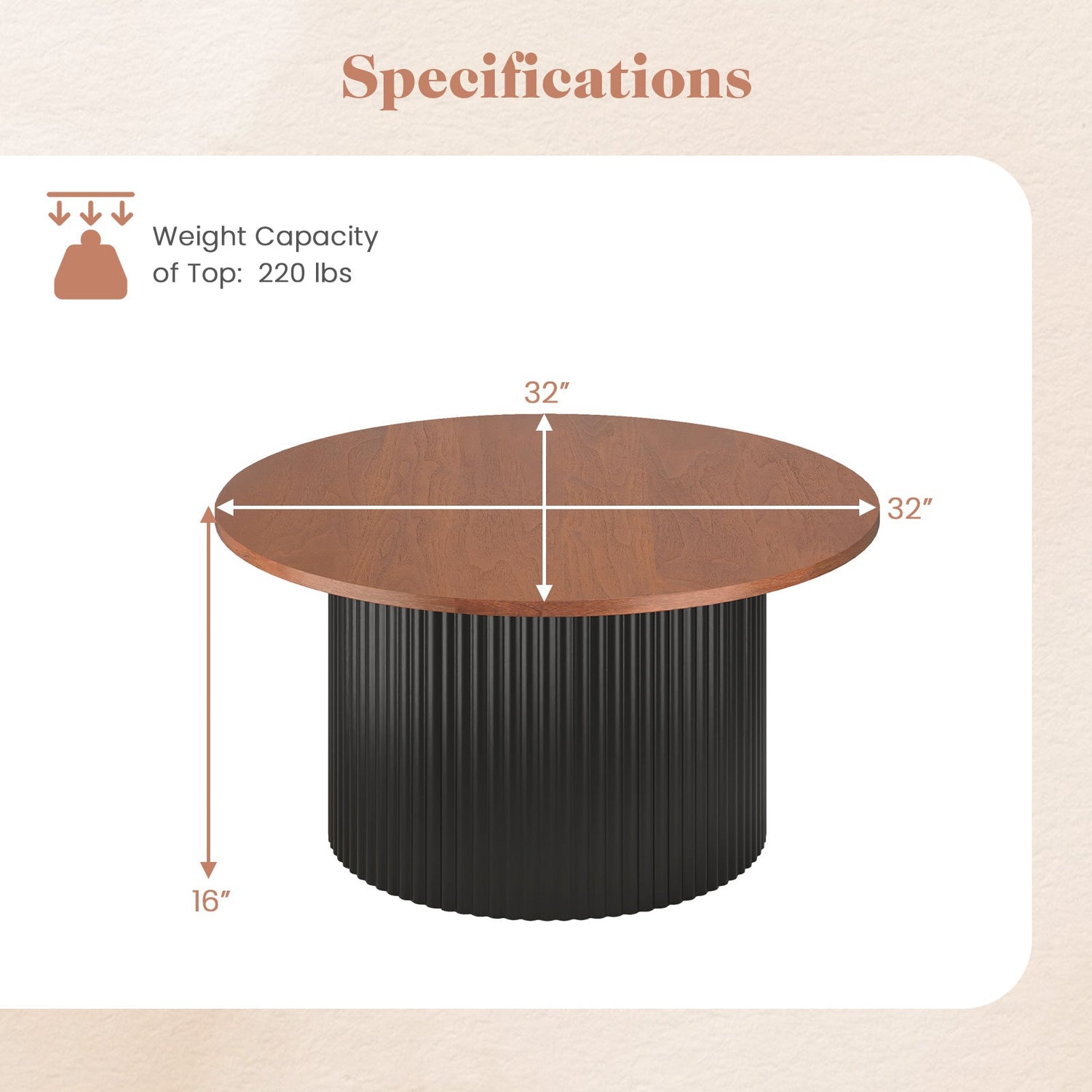 Mesa de centro redonda con estructura de madera maciza y tapa de madera-Nogal