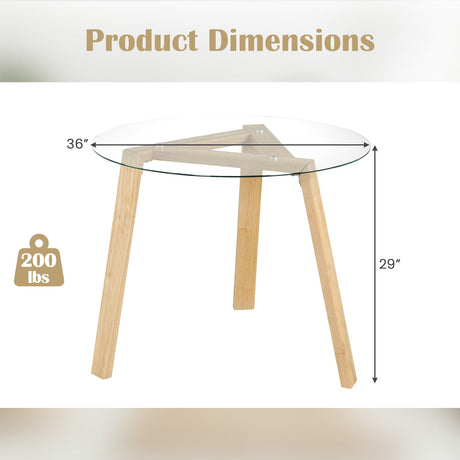 Mesa de comedor redonda de cristal de 36 pulgadas para 4 personas con estructura de madera de caucho