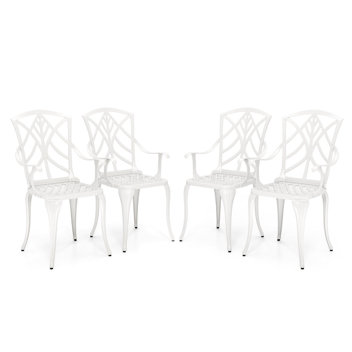 Juego de 4 sillas de comedor para patio de aluminio fundido con reposabrazos y motivos decorativos