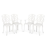 Juego de 4 sillas de comedor para patio de aluminio fundido con reposabrazos y motivos decorativos