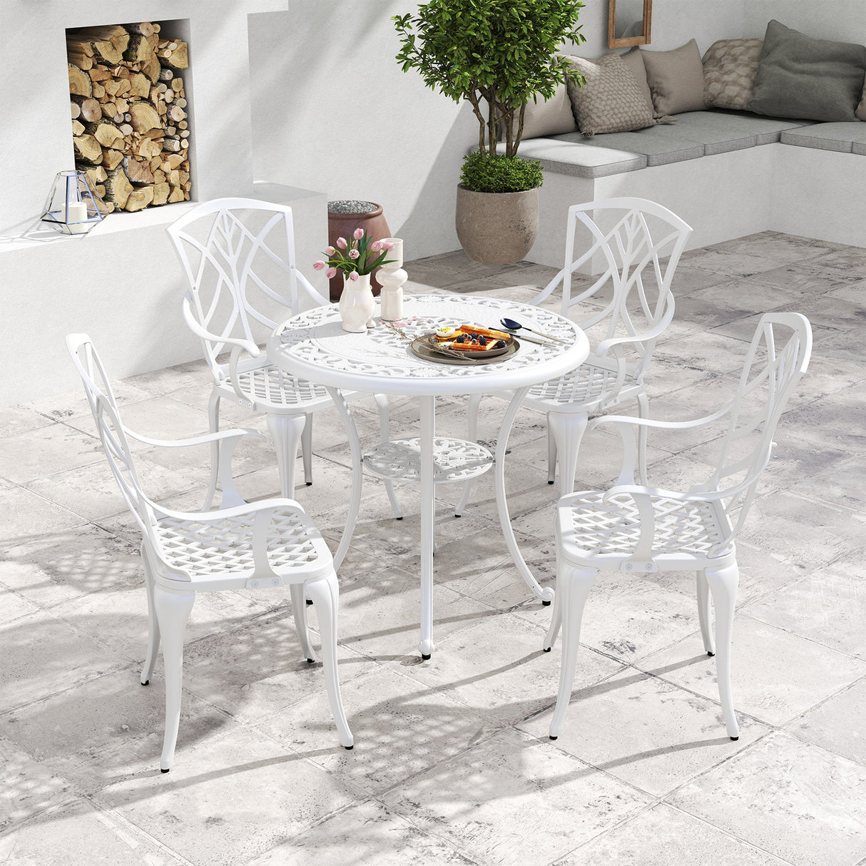 Juego de 4 sillas de comedor para patio de aluminio fundido con reposabrazos y motivos decorativos