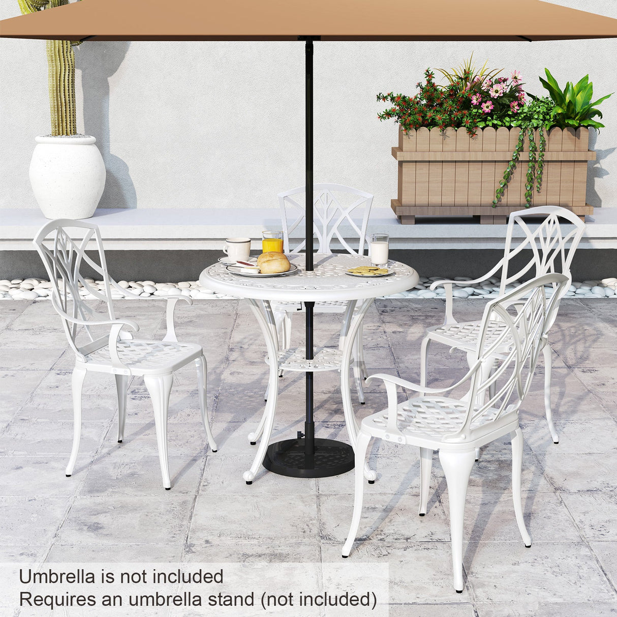 Juego de 4 sillas de comedor para patio de aluminio fundido con reposabrazos y motivos decorativos