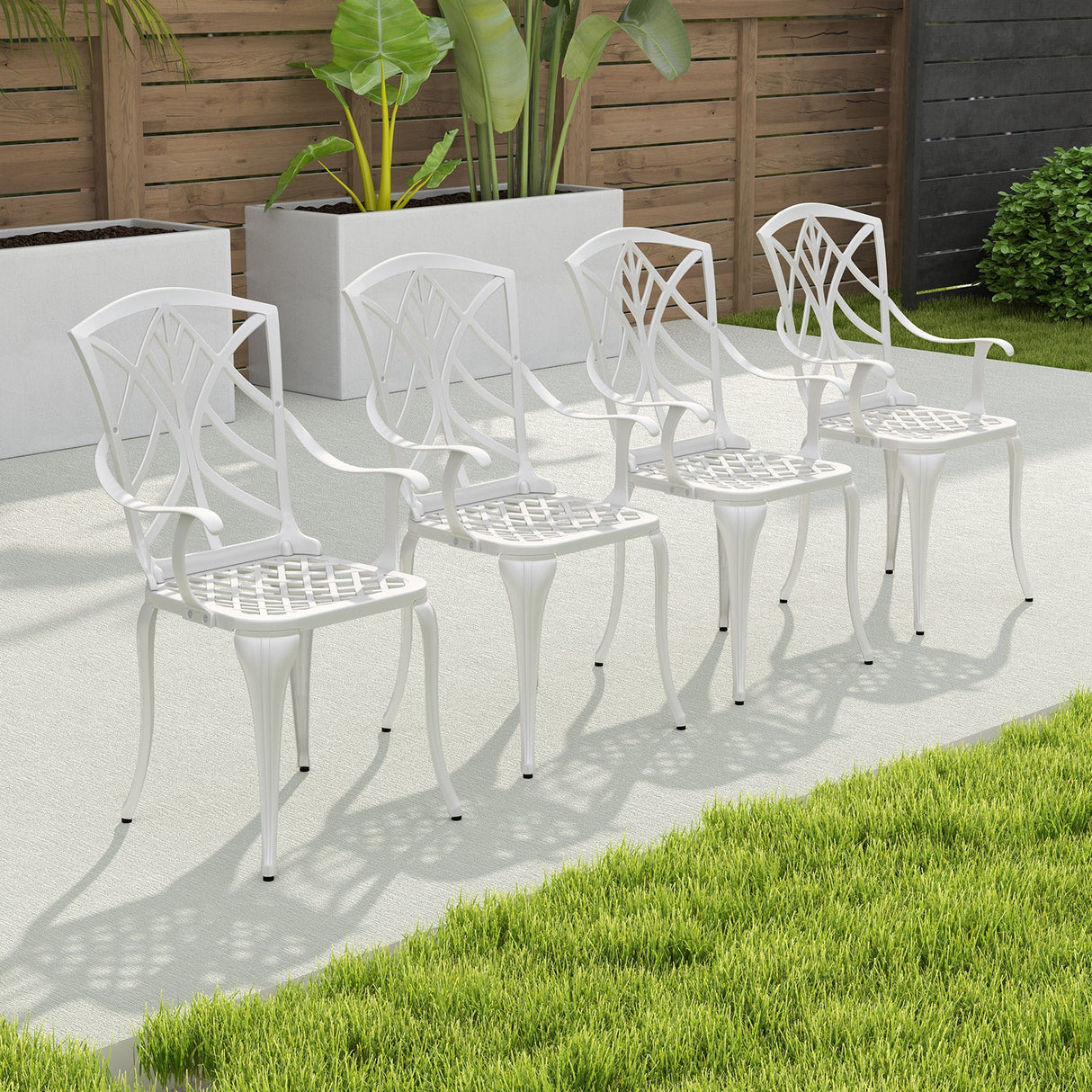 Juego de 4 sillas de comedor para patio de aluminio fundido con reposabrazos y motivos decorativos