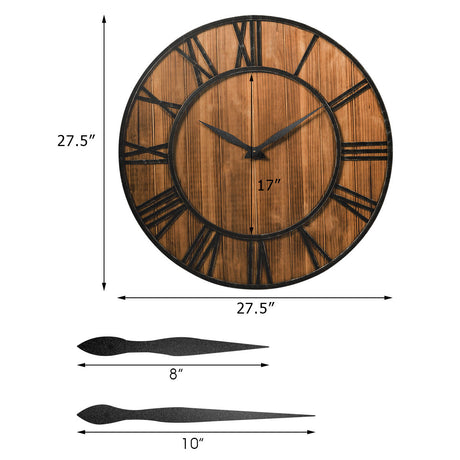 Reloj de Pared Redondo de 27 Pulgadas, Decorativo de Madera, Silencioso, con Batería