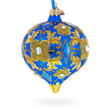 Jeweled Golden Leaves on Blue Onion-Shape Finial Glass Christmas Ornament