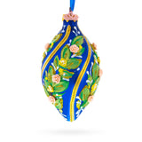 Swirl Roses on Blue Pointed Teardrop Finial Glass Christmas Ornament
