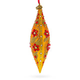 Gold and Red Floral Jeweled Elongated Pointed Teardrop Finial Glass Christmas Ornament