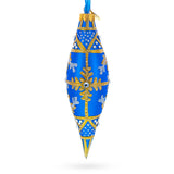 Royal Blue and Gold Snowflake Jeweled Elongated Pointed Teardrop Finial Glass Christmas Ornament