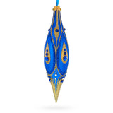 Royal Blue and Gold Jeweled Elongated Pointed Teardrop Finial Glass Christmas Ornament