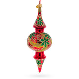 Holly & Gold Scroll Double-Ended Finial Drop Glass Christmas Ornament