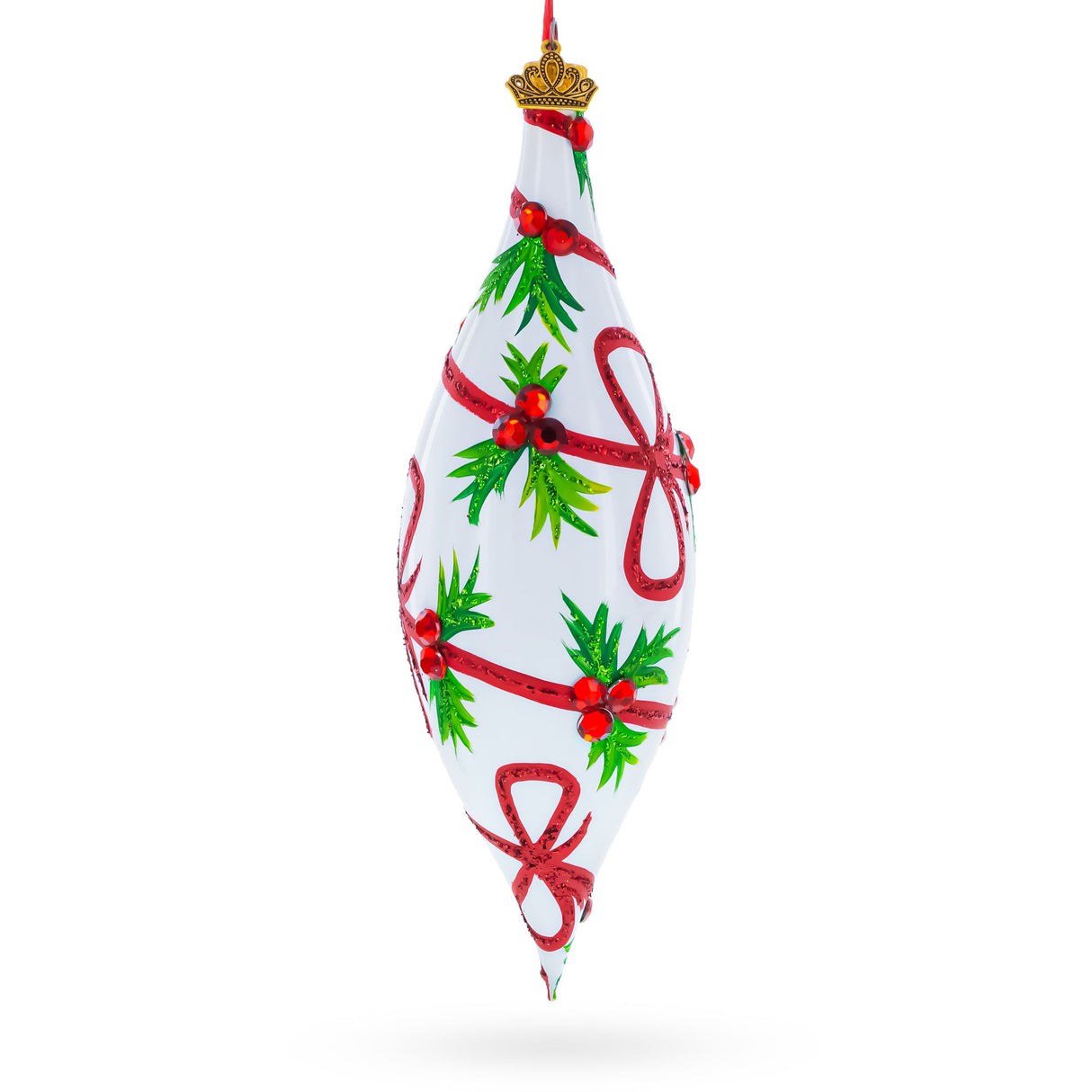 Holiday Ribbon on White Elongated Pointed Teardrop Finial Glass Christmas Ornament