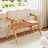 Banco de comedor de madera de caucho con reposabrazos, respaldo tapizado de sherpa y asiento acolchado suave - Natural