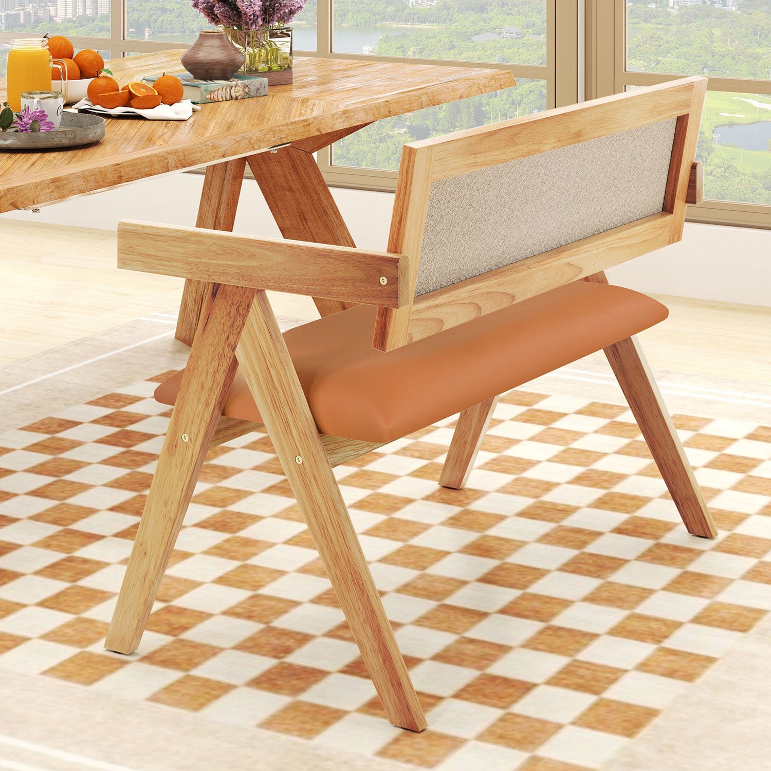 Banco de comedor de madera de caucho con reposabrazos, respaldo tapizado de sherpa y asiento acolchado suave - Natural