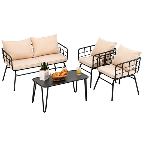 Juego de muebles de patio de 4 piezas con cojines de respaldo para jardín-Beige