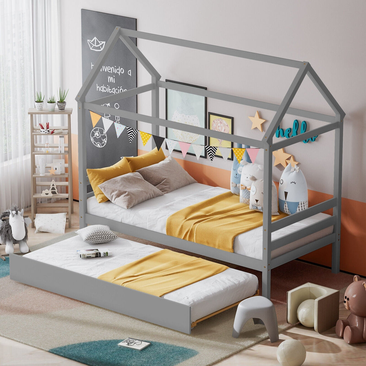 Marco de cama plataforma para niños con techo para dormitorio