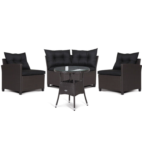 Juego de muebles de patio de ratán de 4 piezas con cojines para sofá y mesa de cristal