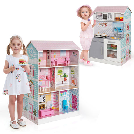 Cocina de juguete y casa de muñecas 2 en 1 de doble cara para niños con muebles