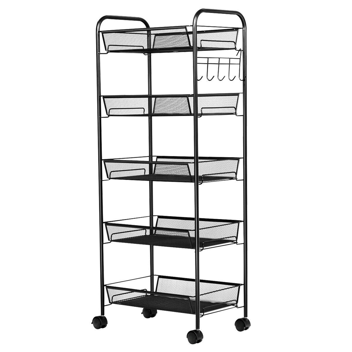Carrito utilitario de archivo rodante de malla de 5 niveles con cesta de almacenamiento - Negro