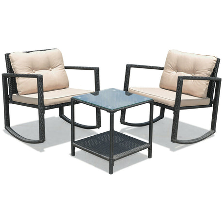 Juego de 3 piezas de patio acolchado de ratán con mecedora y mesa - Negro