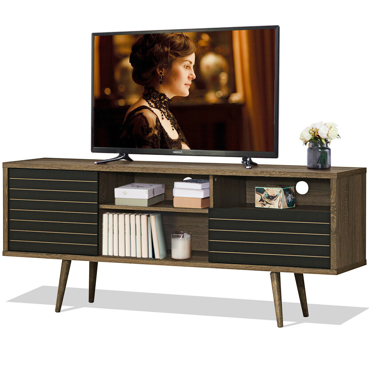 Mueble de TV moderno de mediados de siglo para televisores de hasta 65 pulgadas con estantes de almacenamiento