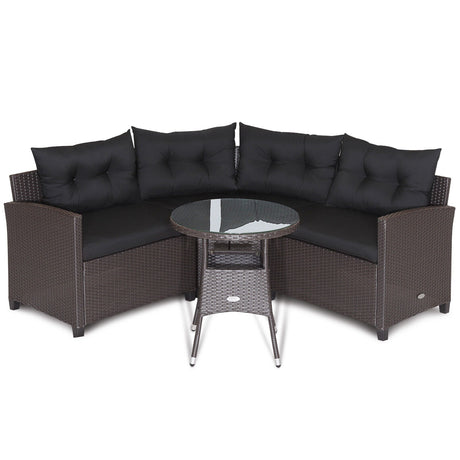 Juego de muebles de patio de ratán de 4 piezas con cojines para sofá y mesa de cristal