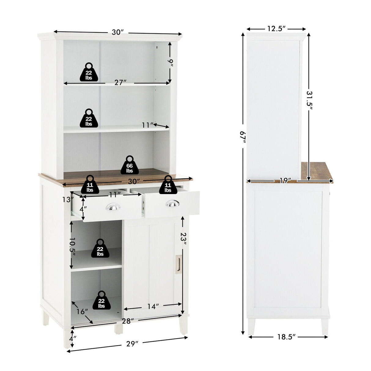 Alacena de cocina independiente con despensa, puerta corredera y cajón - Blanca
