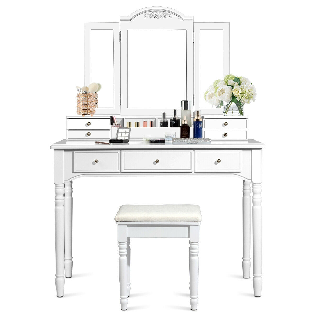 Tocador de Maquillaje con Espejo Triple y Taburete Acolchado para Mujeres
