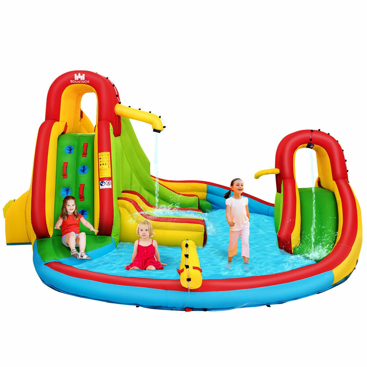 Castillo Hinchable Acuático para Niños con Tobogán, Muro de Escalada y Piscina, sin Soplador