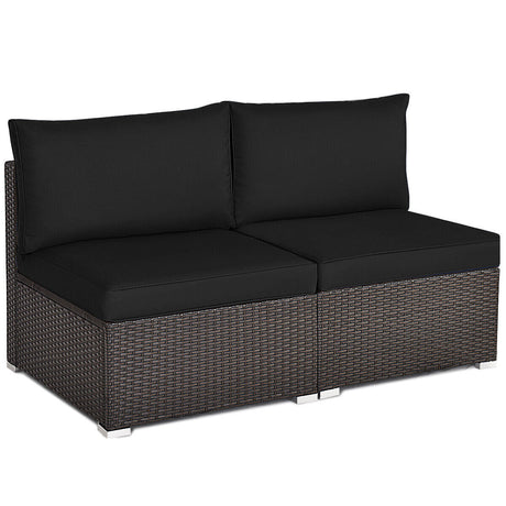 Juego de sofá de ratán para patio de 2 piezas sin reposabrazos con 2 cojines y 2 almohadas