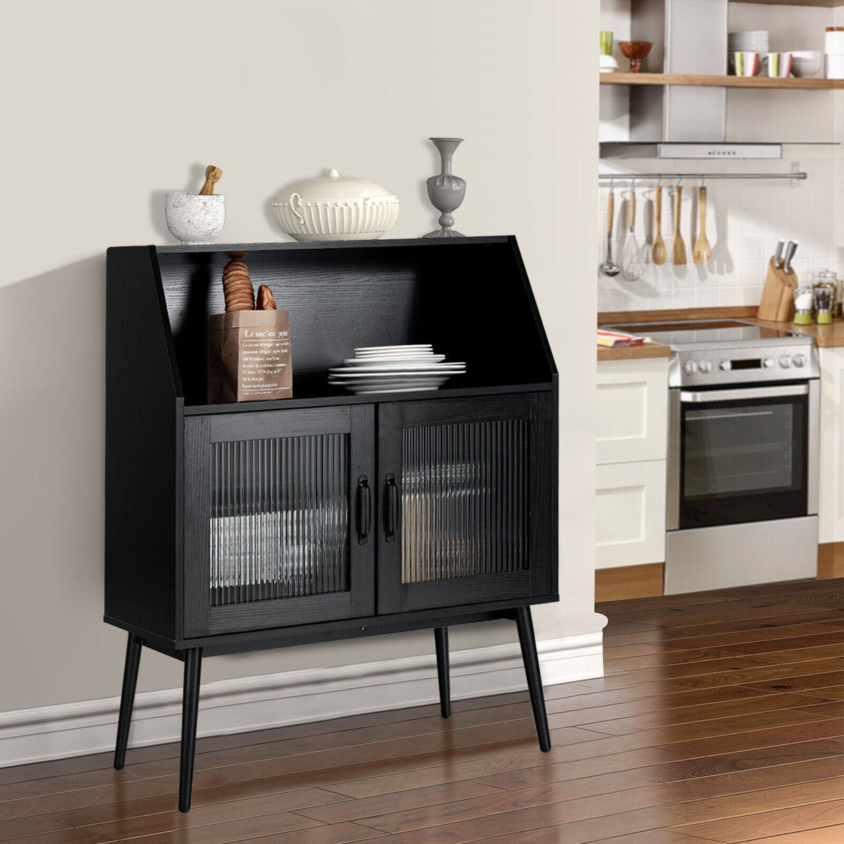 Aparador de cocina con compartimento abierto y 2 puertas de cristal - Negro